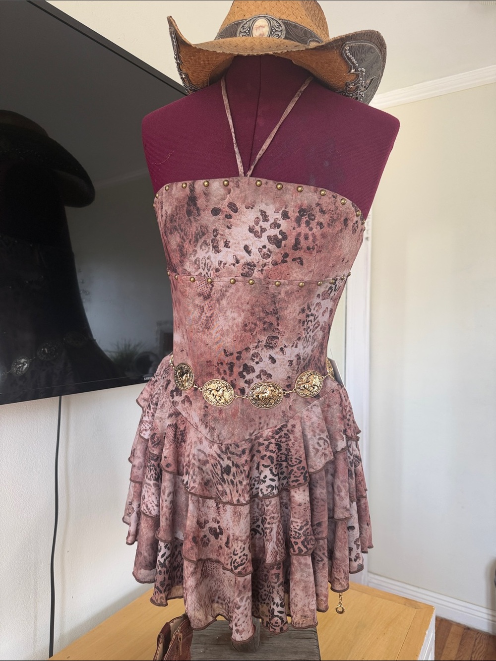 Bear Dance Rose Blush Leopard-Print Studded Halter Mini Dress